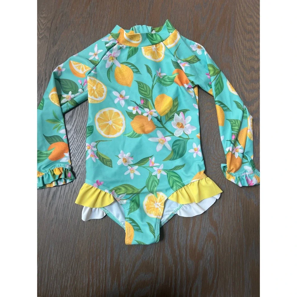 Kids NWT Lemon Floral Long-Sleeve One-Piece Swimsuit, Toddler 2T-3T